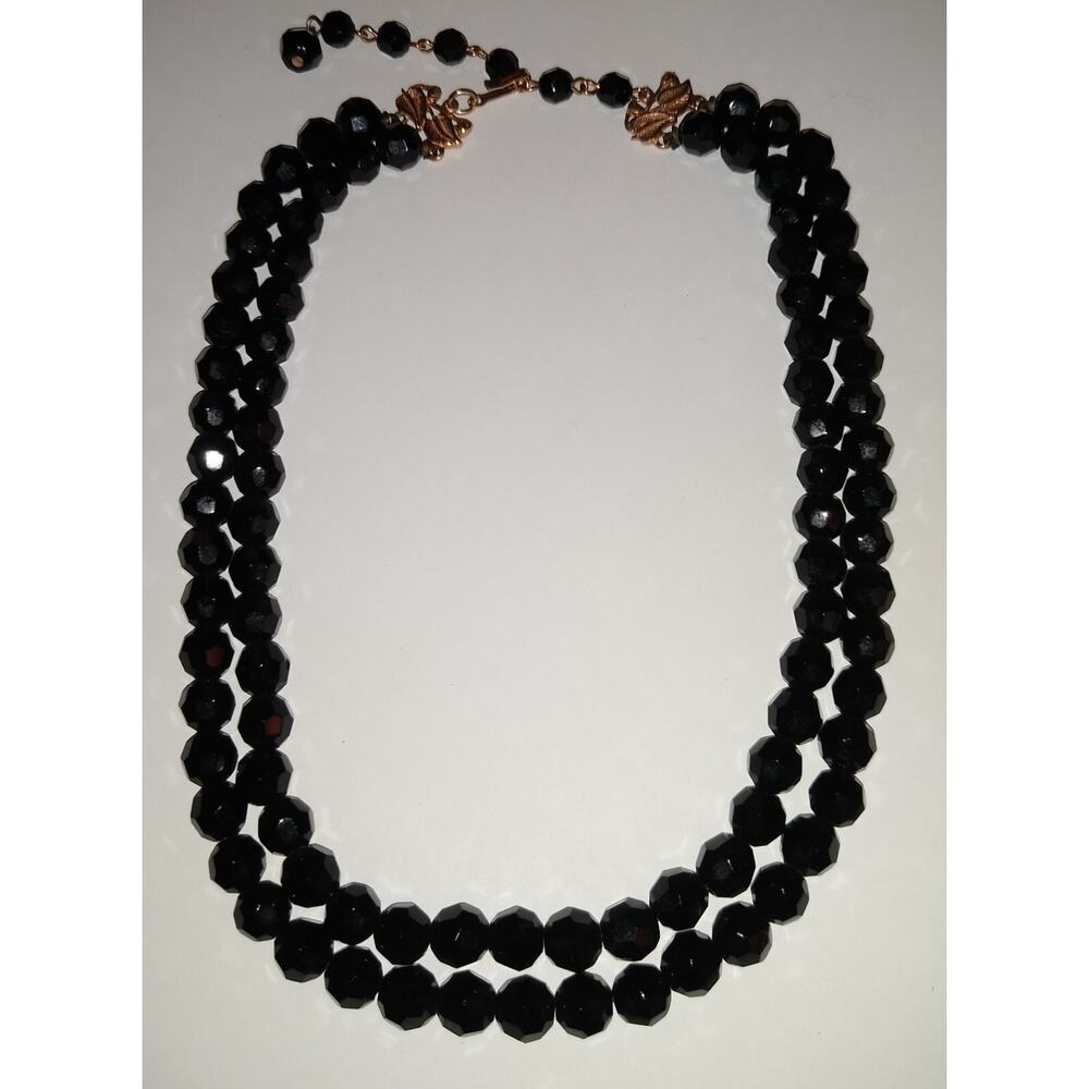 Black Bead Gold Leaf Necklace Double Strand 15"-17" Adjustable Vintage 1950's